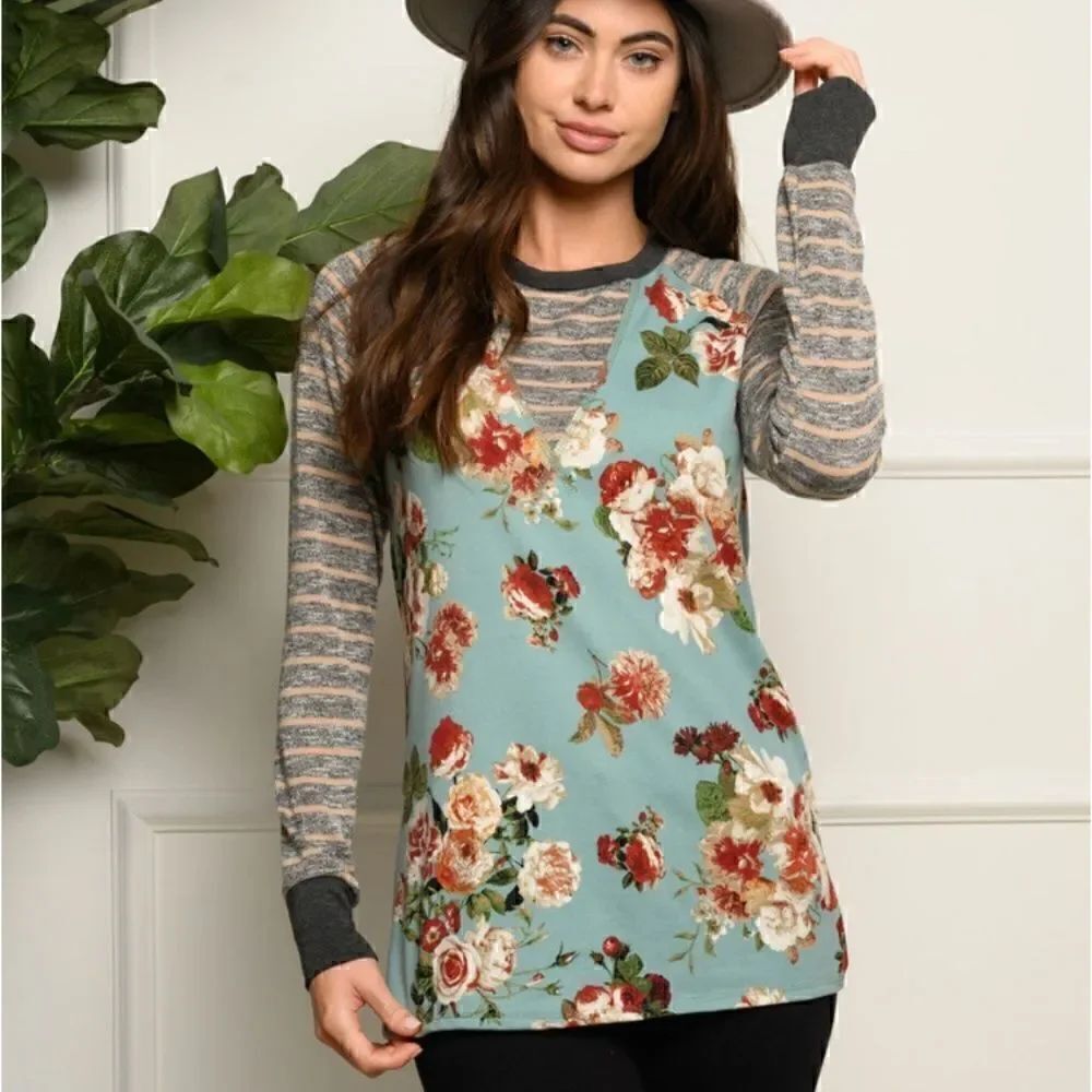 NEW! Floral Striped Boho Long Sleeve Tunic Top Shirt Sage Autumn Flowers Fall